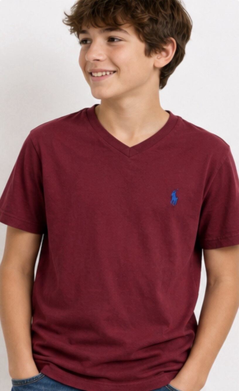 Polo Ralph Lauren Boys XL Burgundy V-Neck T-Shirt Custom Slim Fit Pony